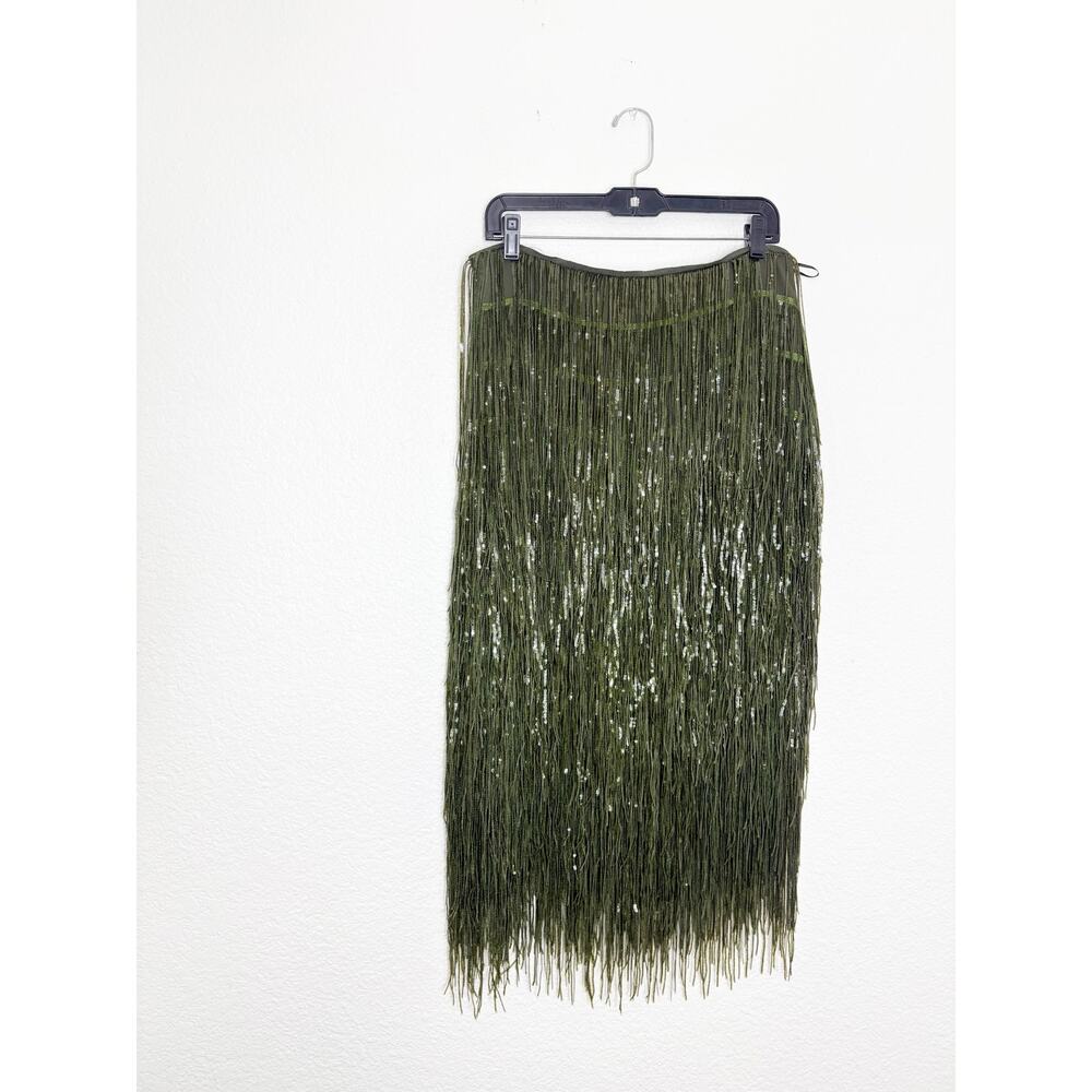 Zara Fringed Sequin Green Tassel Midi Skirt 9125/101 Size Large Party Cocktail - Picture 3 of 12